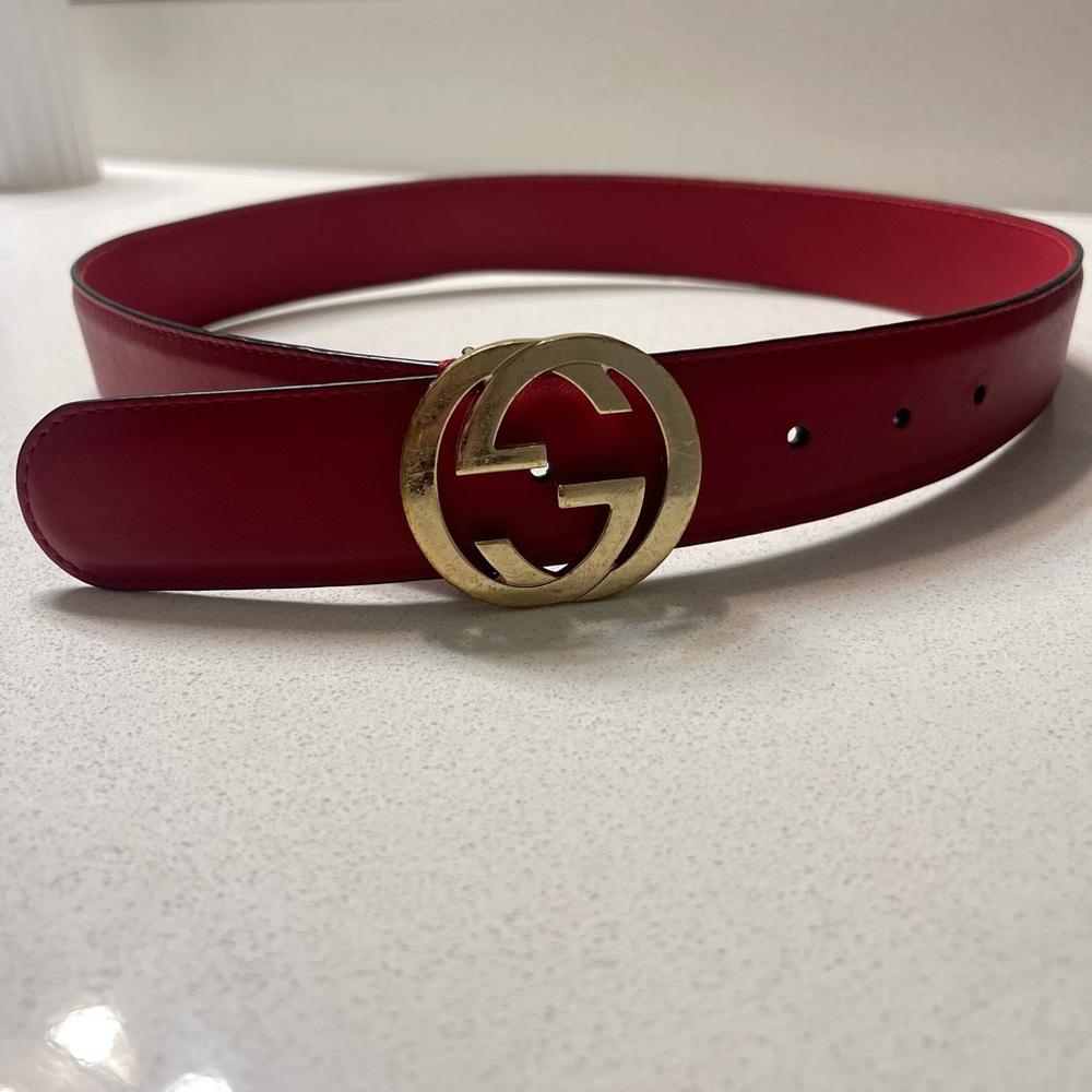 Gucci Gold Red Belt with Iconic GG Buckle